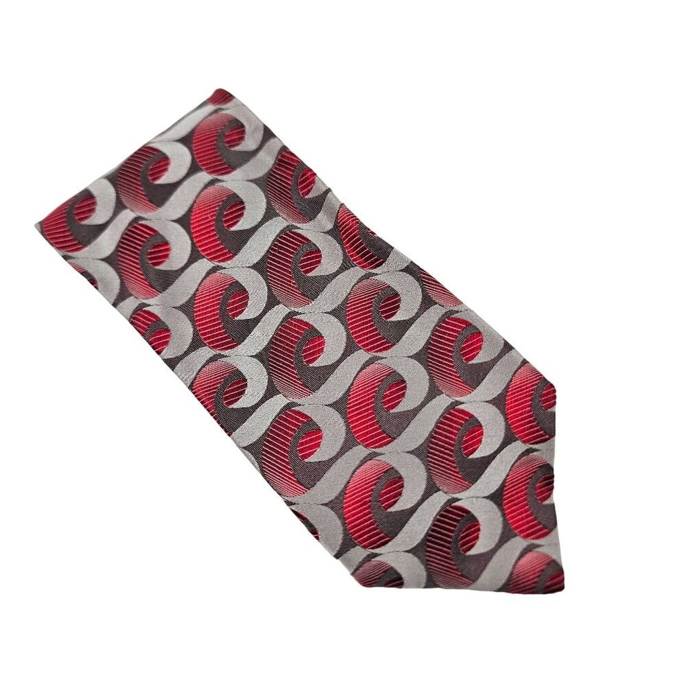 Bachrach Mens Italian Silk Tie Red Gray Geometric Pattern Business Dressy